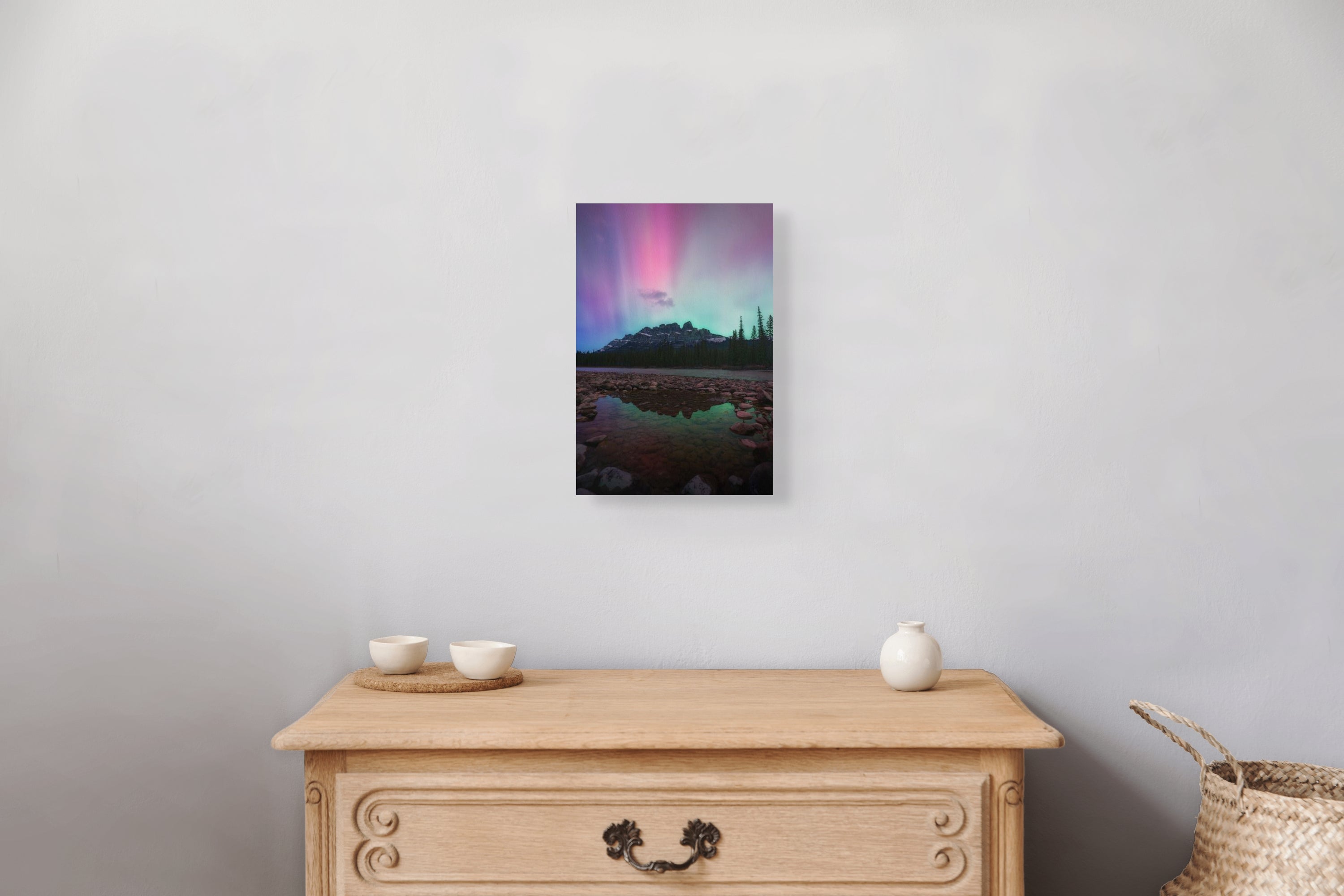 Aurora Over Castle Mountain 8x12 fine art print on wall — Banff aurora photography by James Andrew