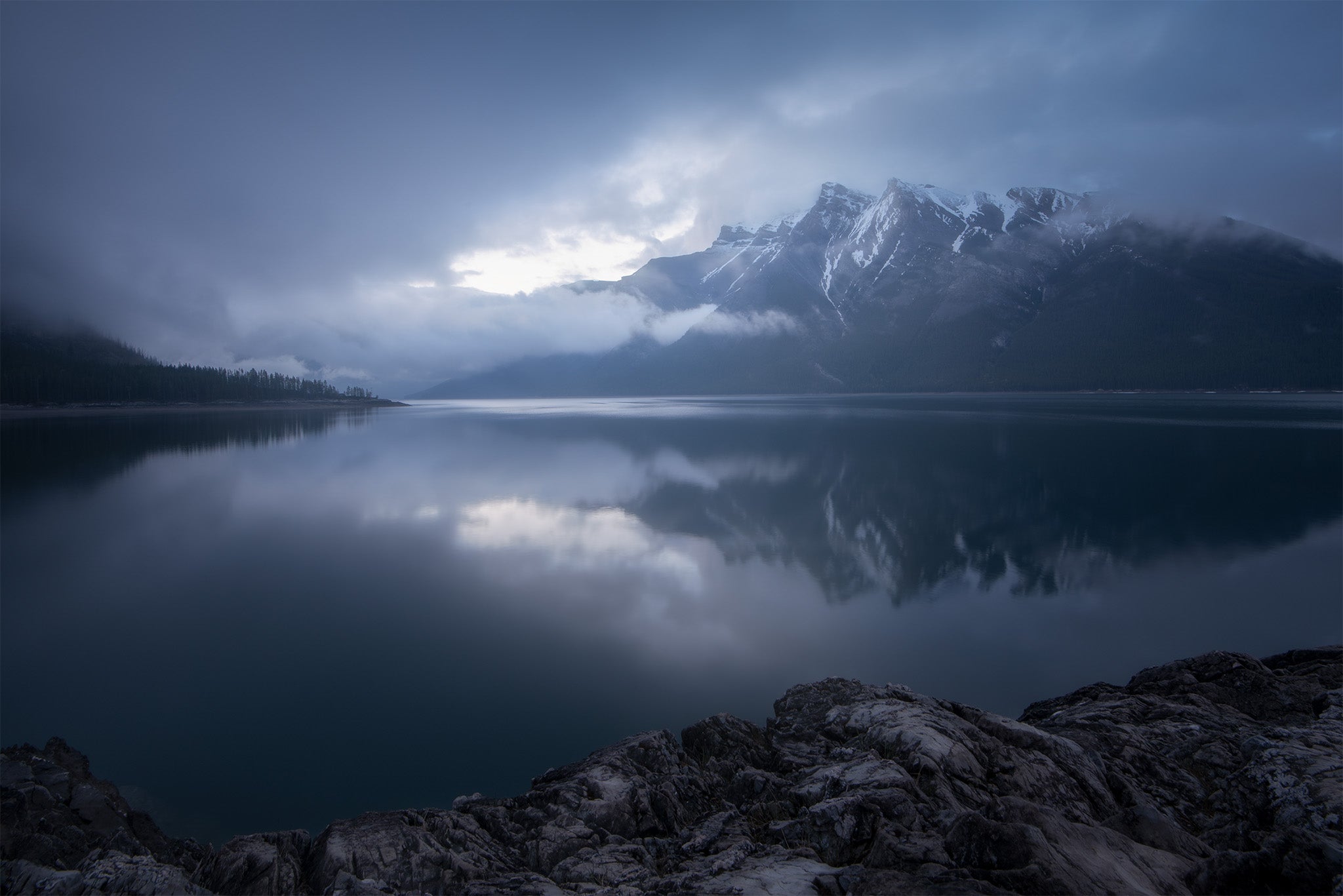 Lake Minnewanka Stormy Reflection Banff National Park - Fine Art Print by James Andrew