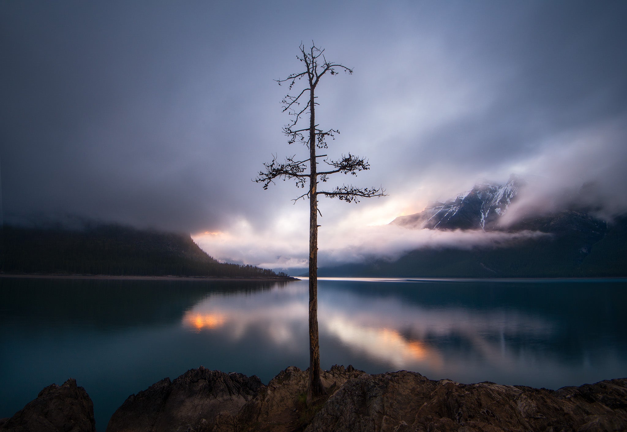 Lone Tree Lake Minnewanka Stormy Reflection Banff - Fine Art Print by James Andrew
