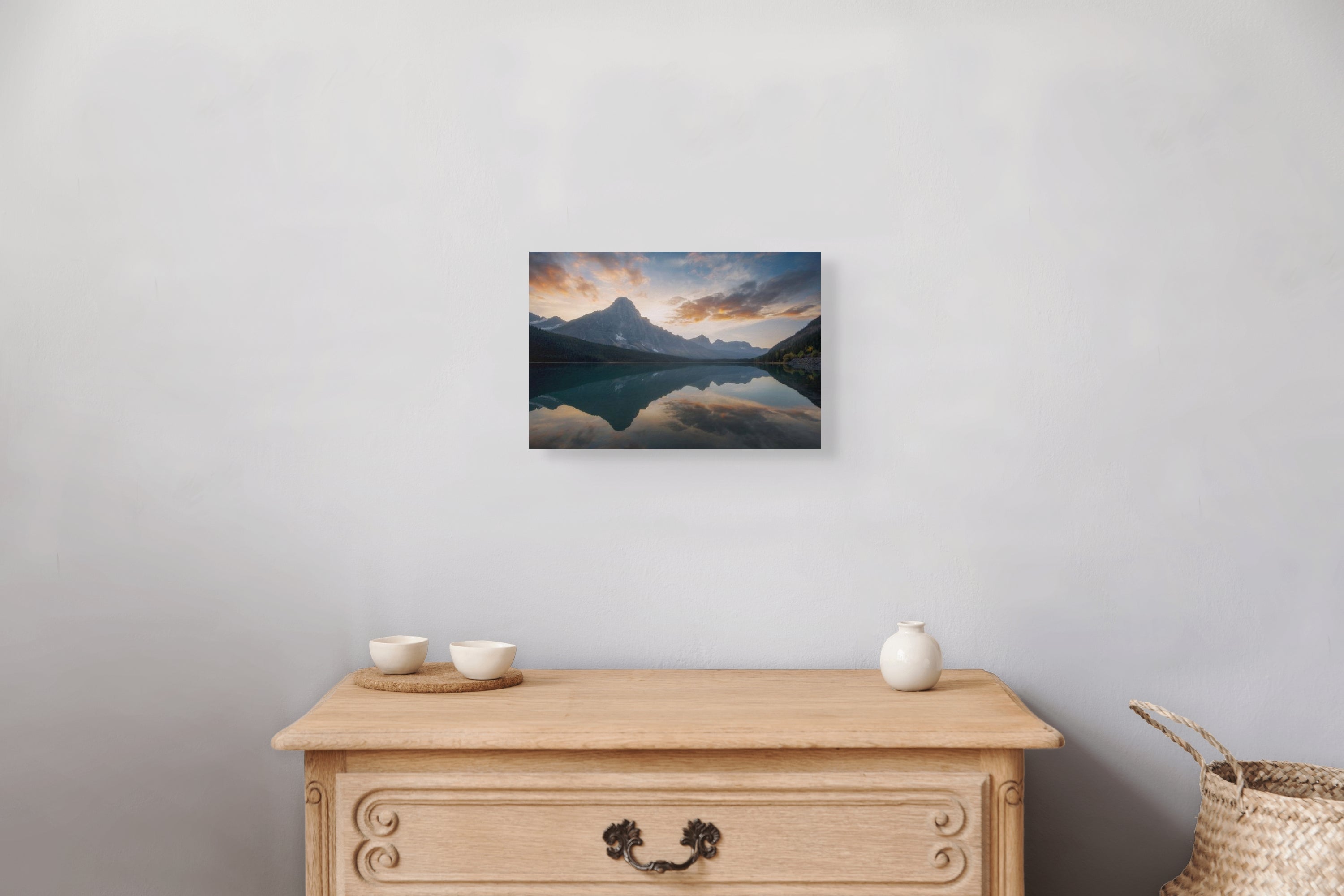 Reflected Silence 8x12 fine art print on wall — Alberta lake reflection photography by James Andrew