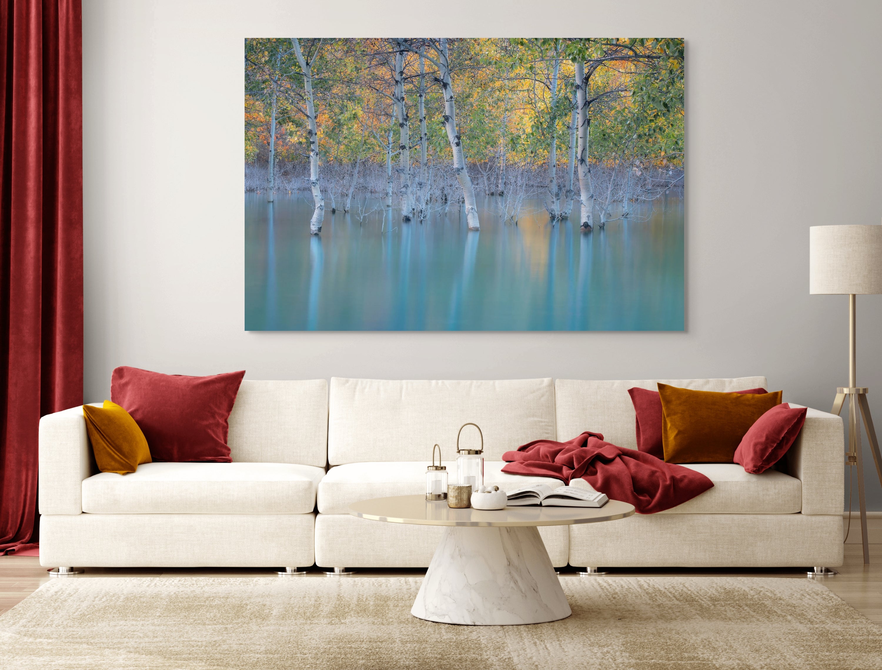 Sunken Color fine art print by James Andrew displayed as a large wall art piece in a warm modern living room