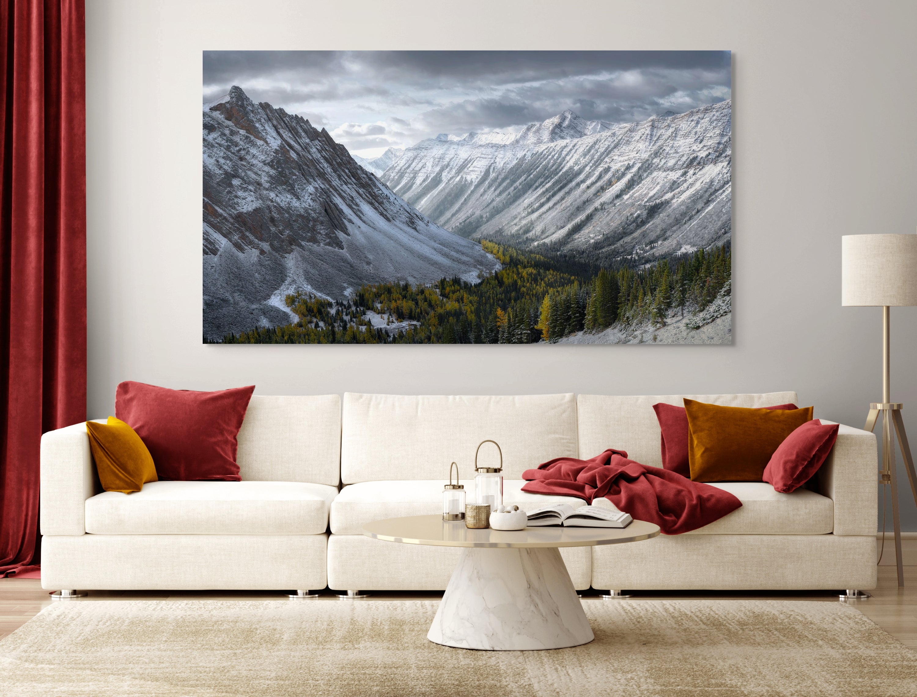 The Expanse fine art print by James Andrew displayed as a large wall art piece in a warm modern living room