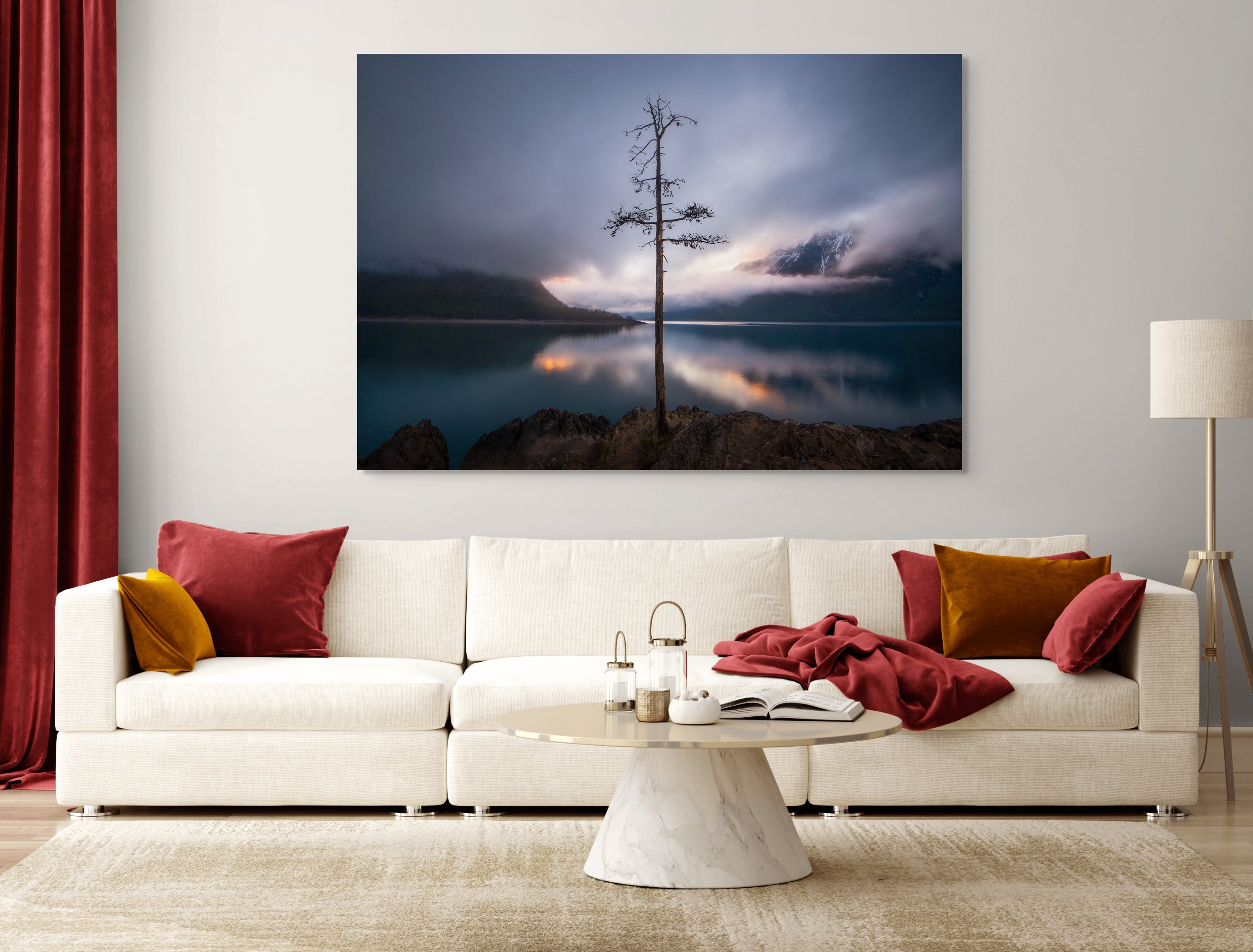 The Lone Tree fine art print by James Andrew displayed as a large wall art piece in a warm modern living room