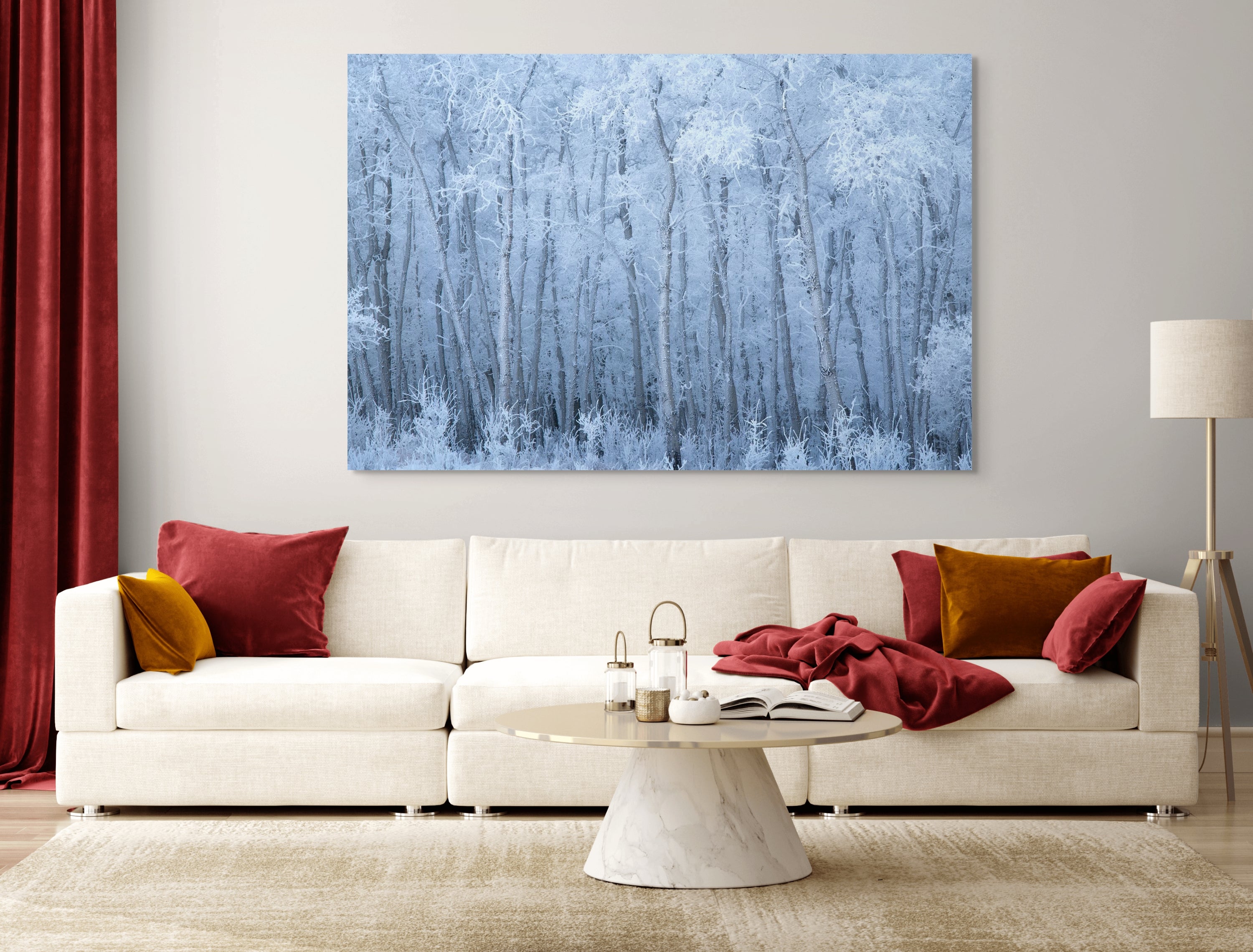 Veil of Frost fine art print by James Andrew displayed as a large wall art piece in a warm modern living room