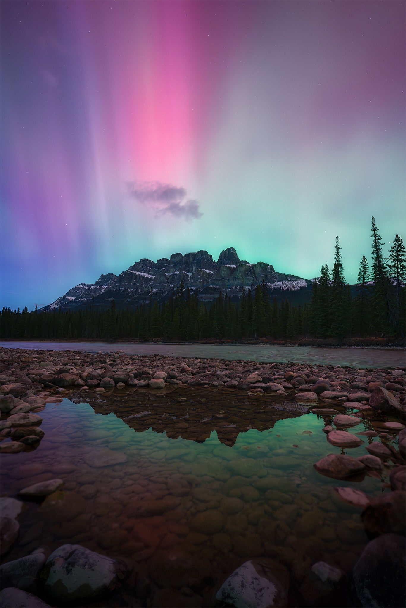 Aurora Borealis Castle Mountain Bow River Banff Northern Lights - Fine Art Print by James Andrew