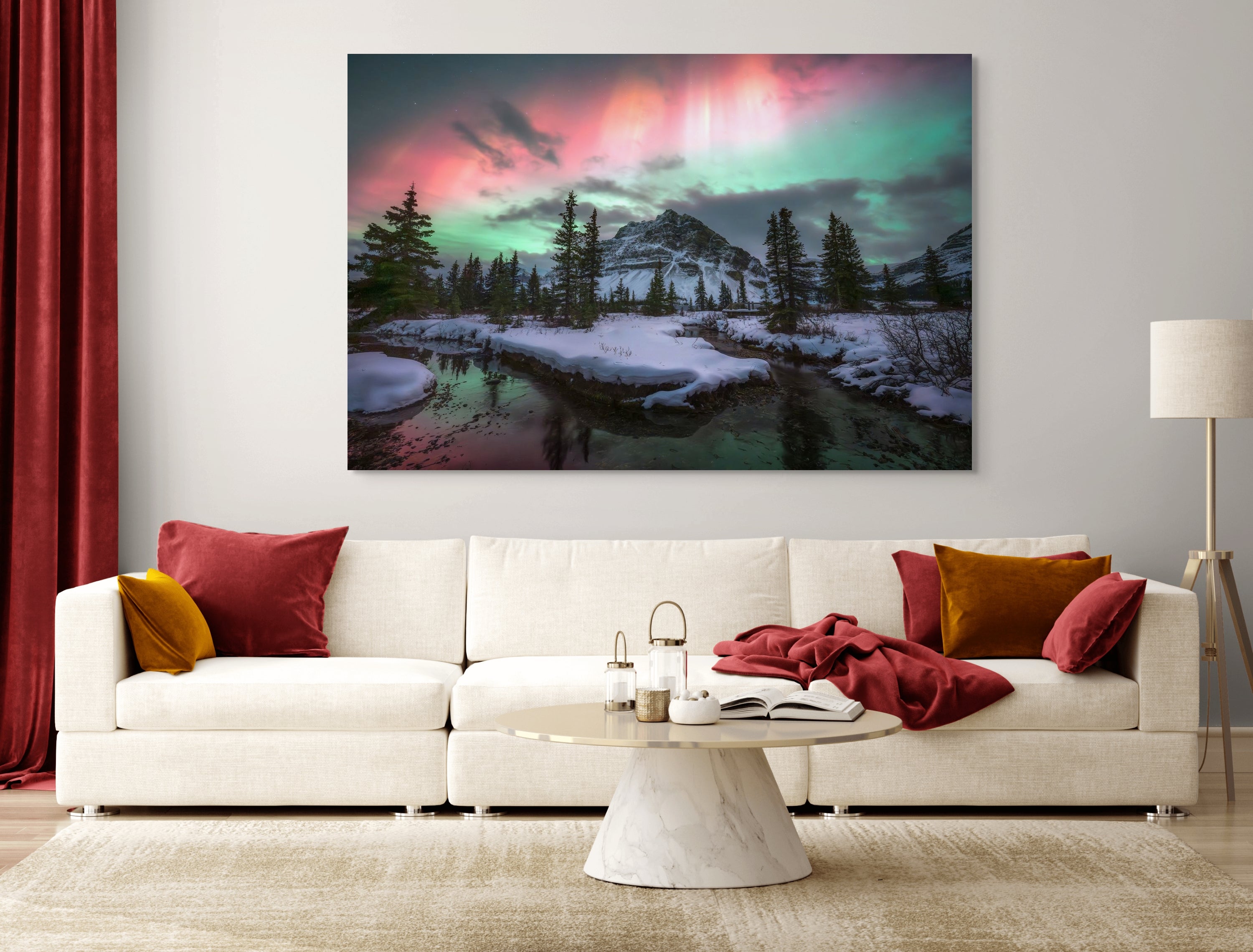 Aurora Over Bow Lake fine art print by James Andrew displayed as a large wall art piece in a warm modern living room