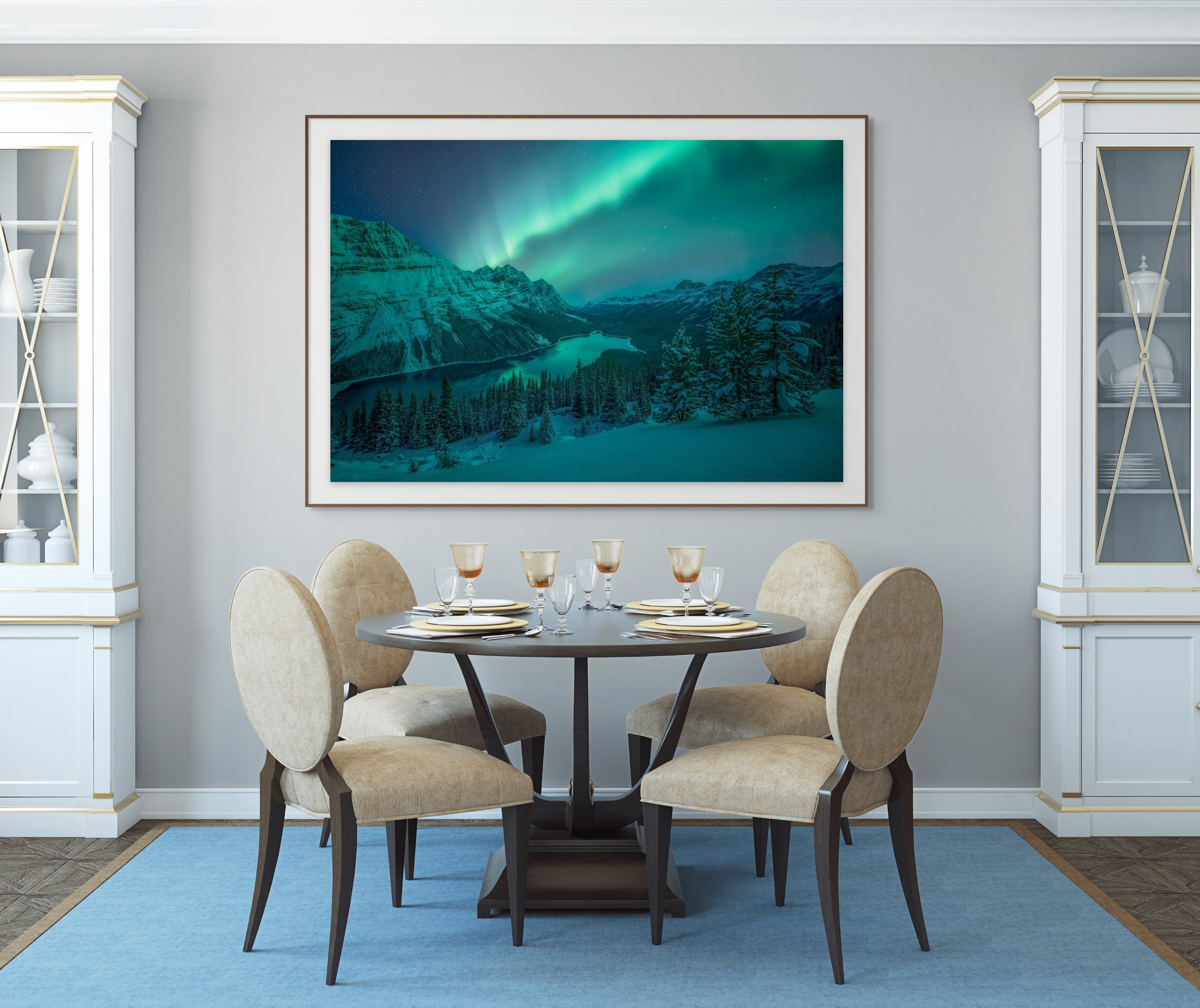 Aurora borealis over Peyto Lake in Banff National Park displayed as a large framed fine art print above a dining room table