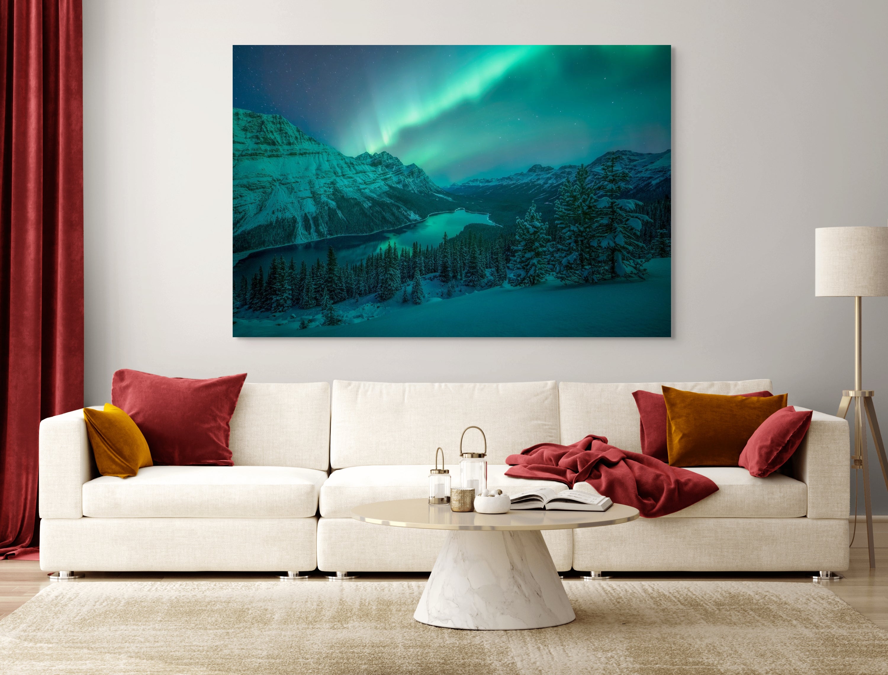 Aurora Over Peyto Lake fine art print by James Andrew displayed as a large wall art piece in a warm modern living room