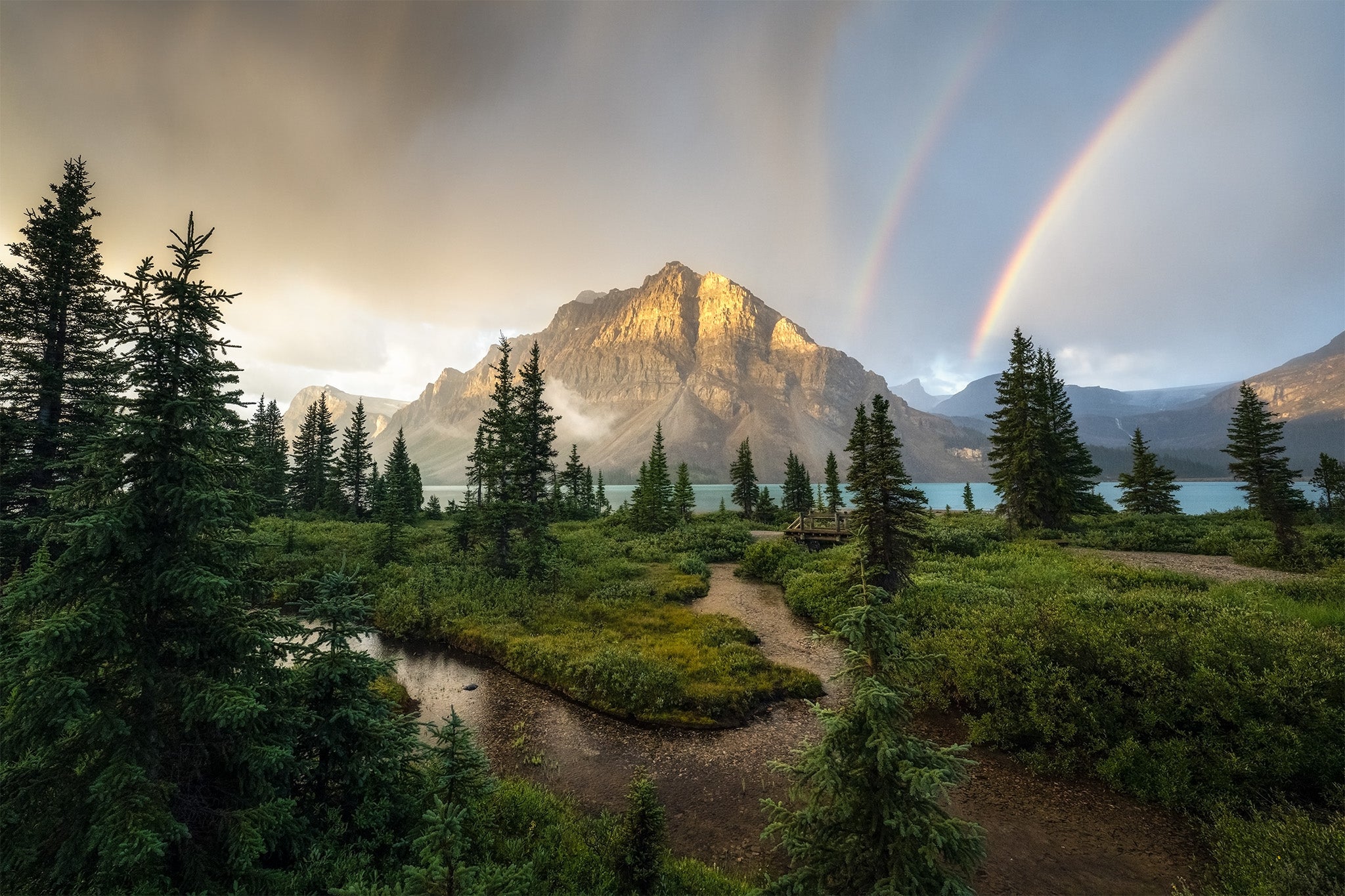 Bow Lake Double Rainbow Mountain Alpenglow Banff National Park - Fine Art Print by James Andrew