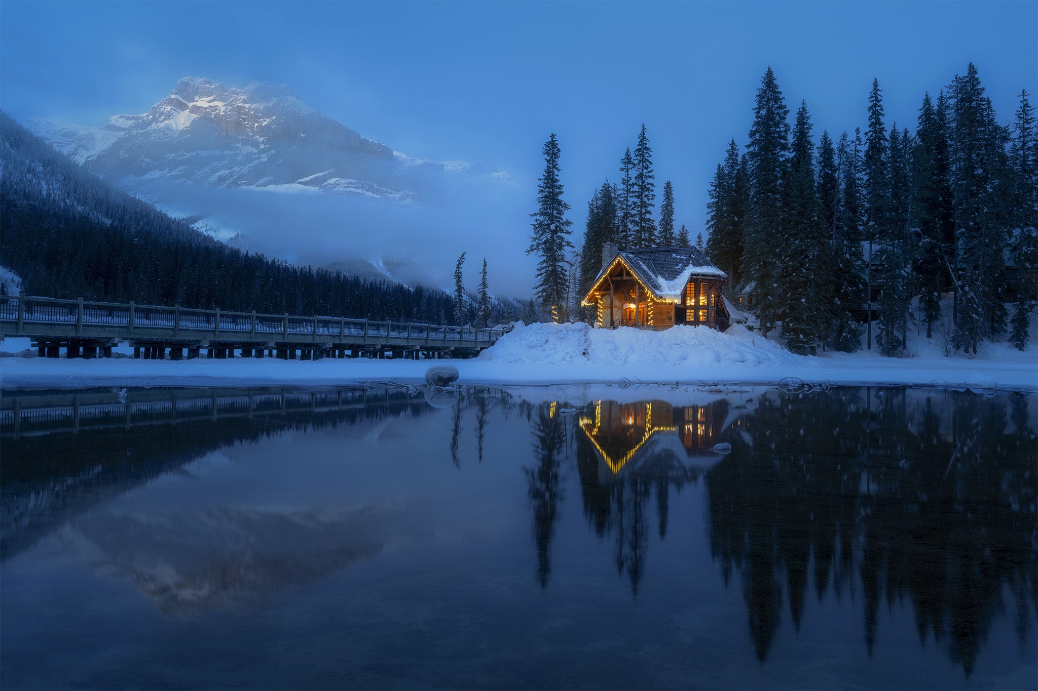 Emerald Lake Cabin Winter Reflection Yoho National Park - Fine Art Print by James Andrew