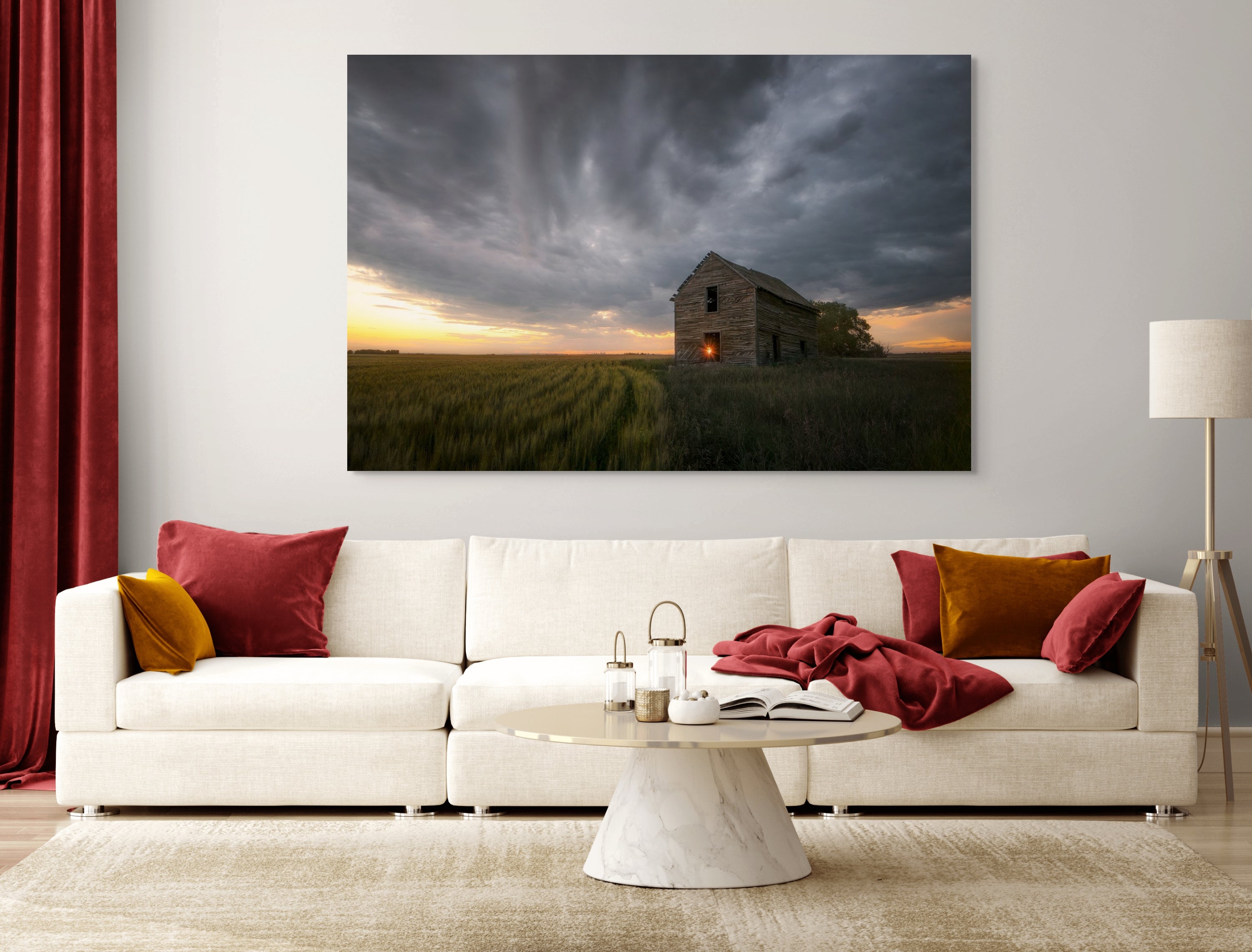 Endure fine art print by James Andrew displayed as a large wall art piece in a warm modern living room