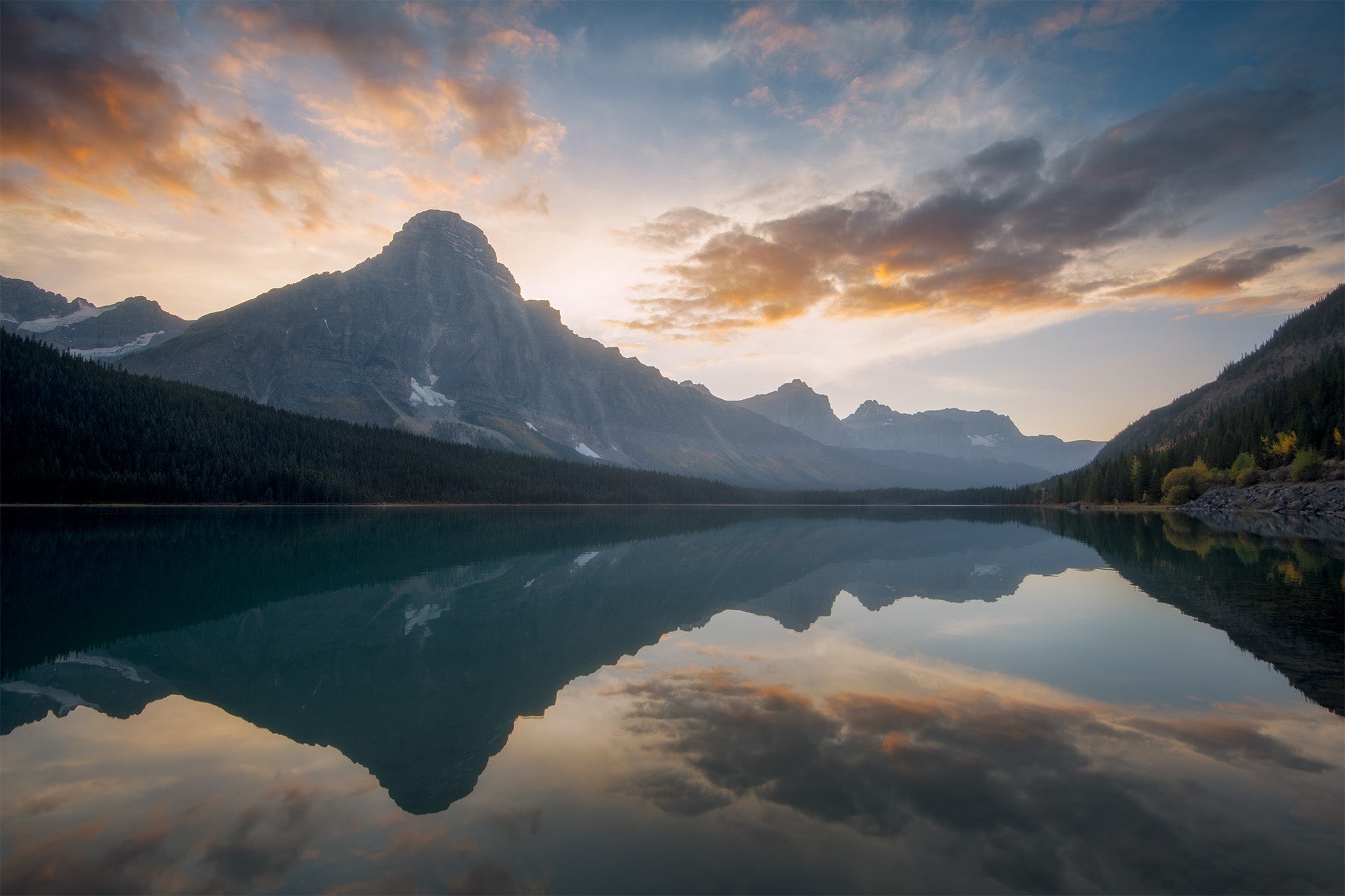 Waterfowl Lake Sunset Reflection Icefields Parkway - Fine Art Print by James Andrew