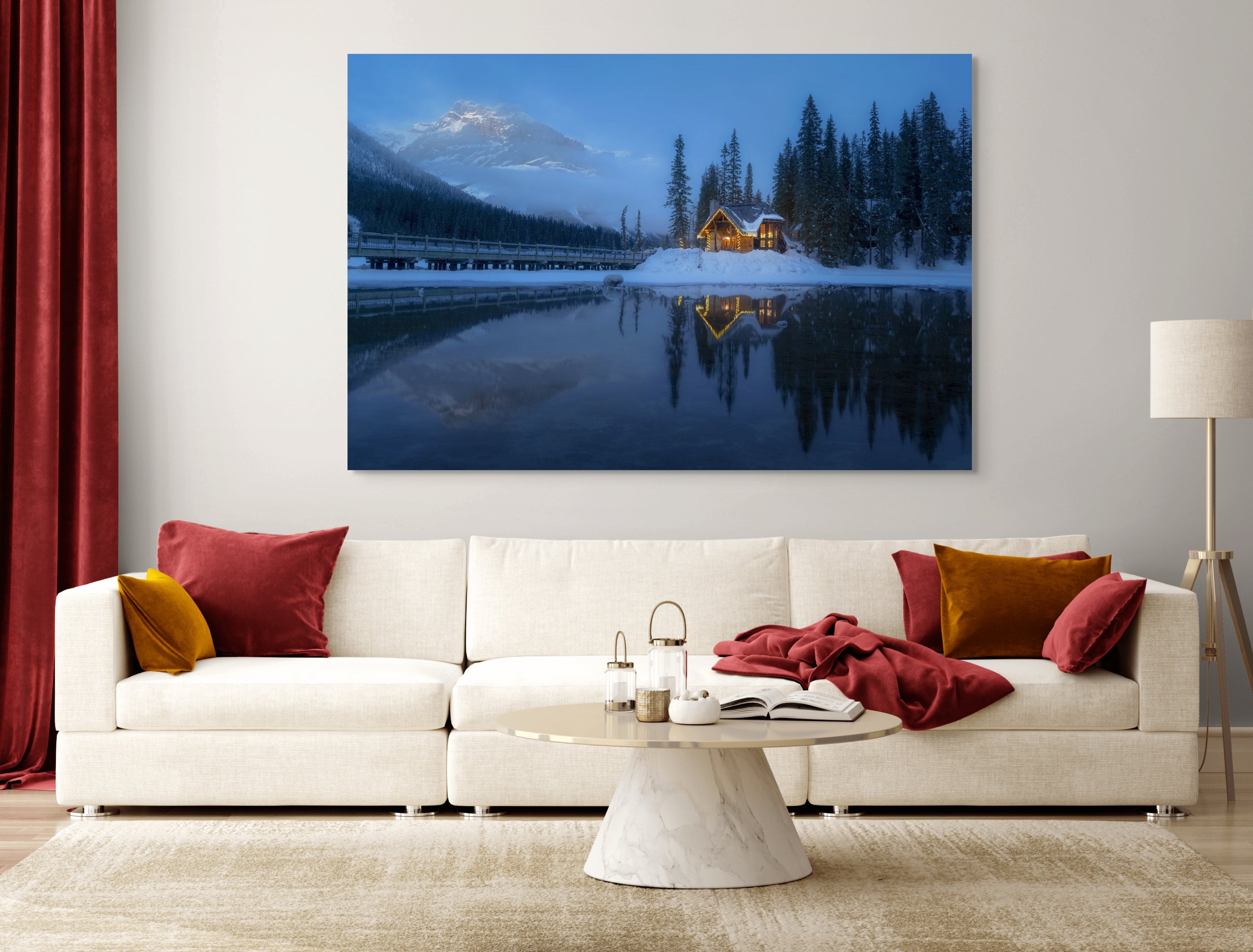 Where Winter Pauses fine art print by James Andrew displayed as a large wall art piece in a warm modern living room