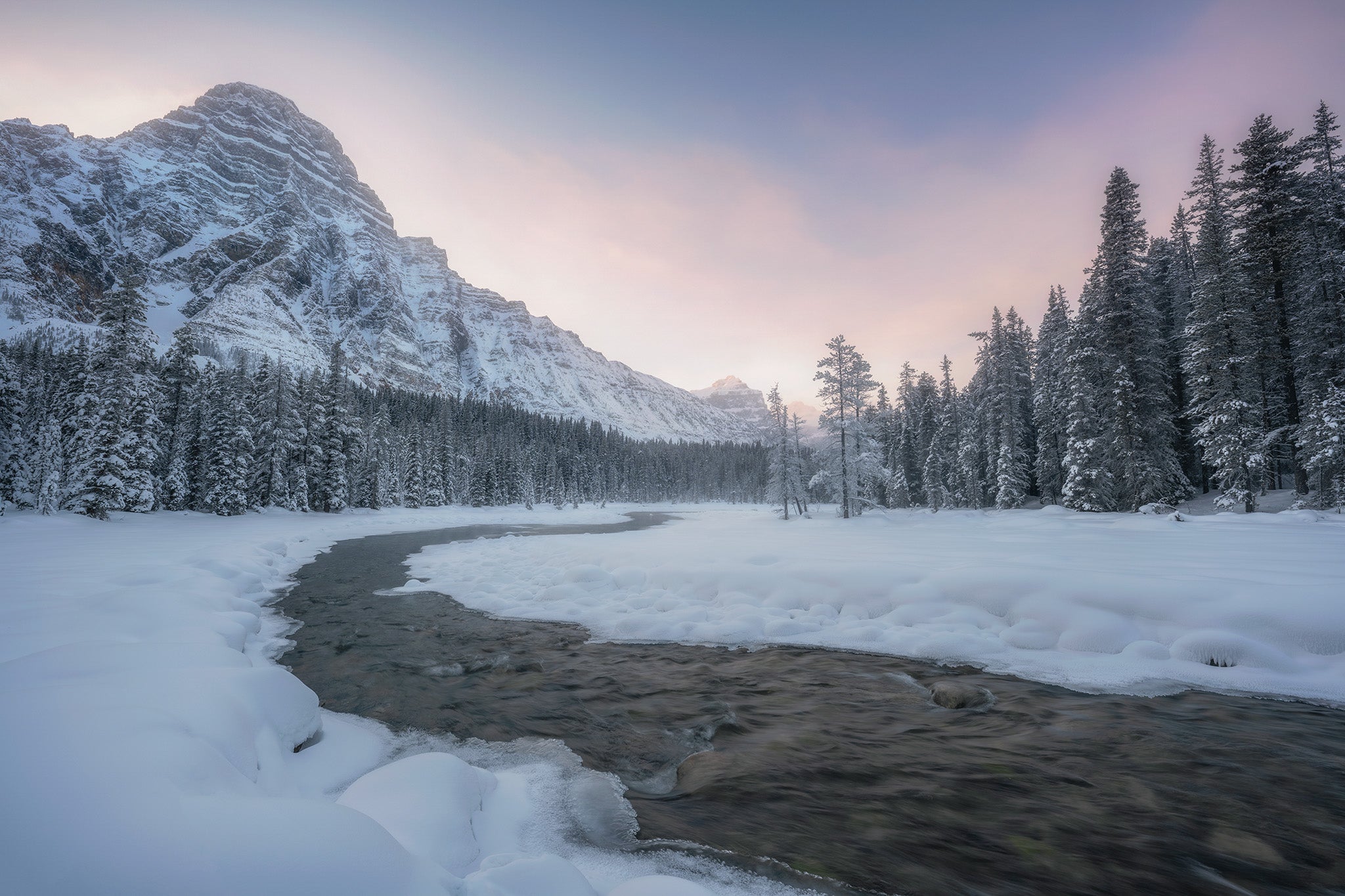 Winter River Snow Covered Mountains Banff Alberta - Fine Art Print by James Andrew